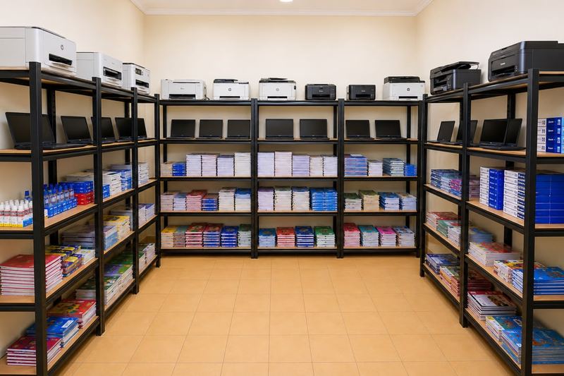 Rayonnage de fournitures bureautiques, scolaires et matériel informatique