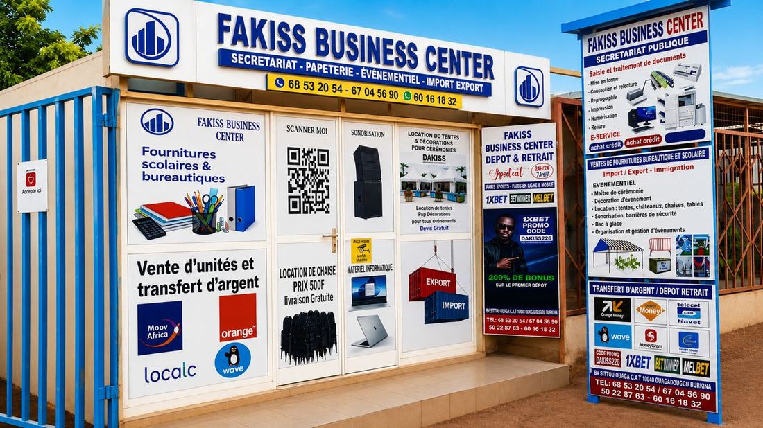 Boutique Fakiss Business Center à Ouagadougou, façade et enseigne